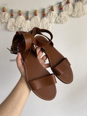 Madewell The Boardwalk Leather Ankle Strap Flat Sandals Brown Summer Boho NWOT 8